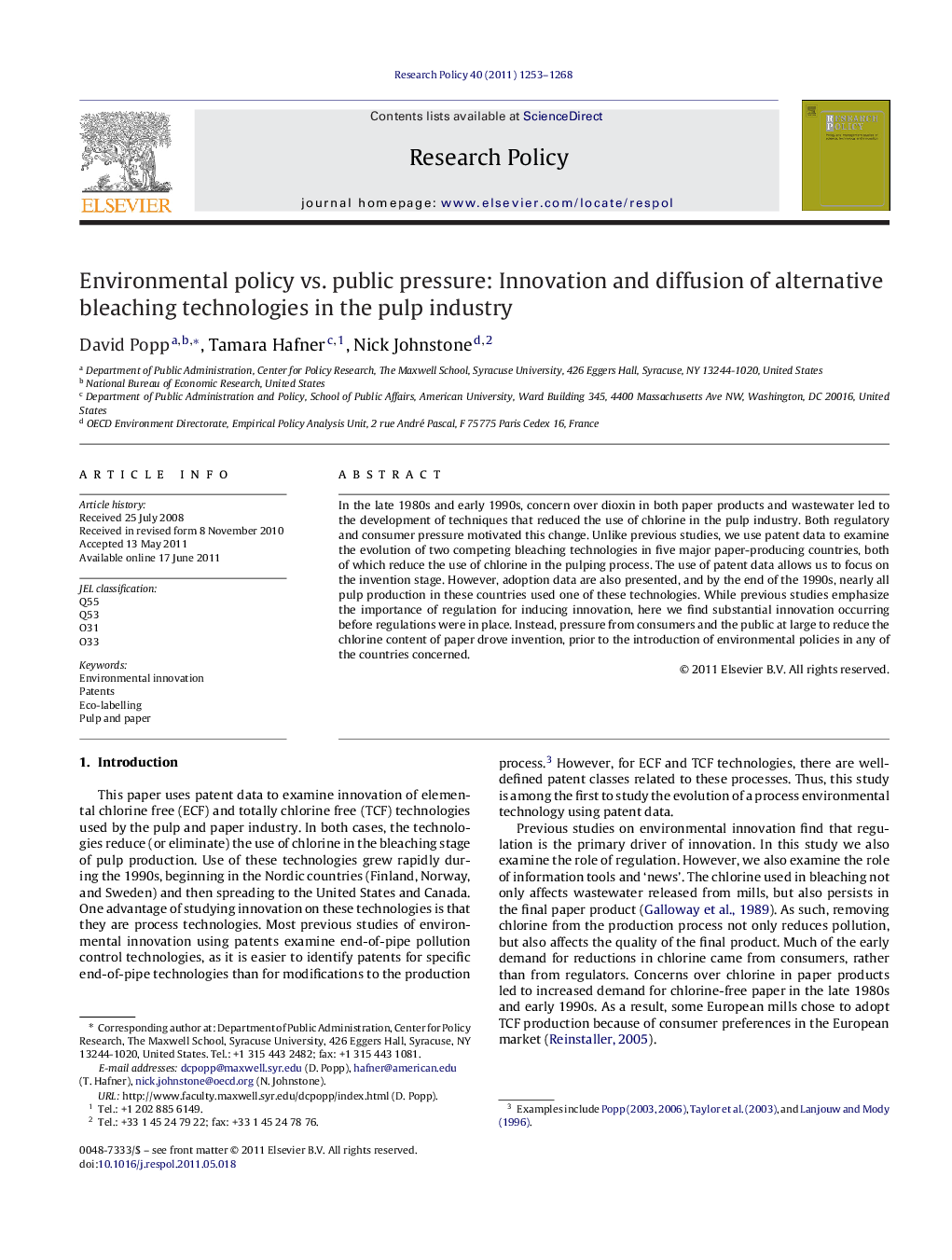 Environmental policy vs. public pressure: Innovation and diffusion of alternative bleaching technologies in the pulp industry