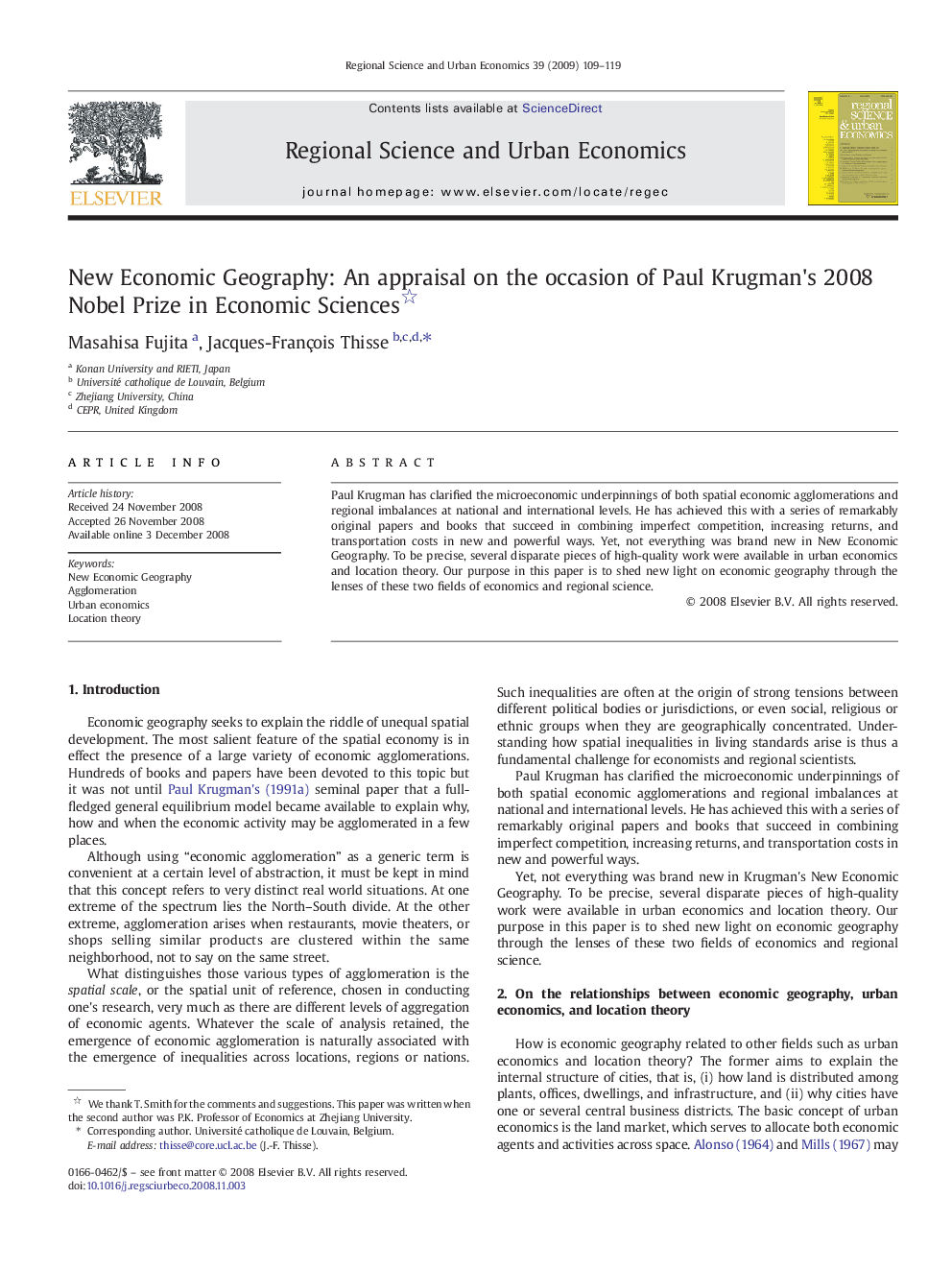 New Economic Geography: An appraisal on the occasion of Paul Krugman's 2008 Nobel Prize in Economic Sciences 