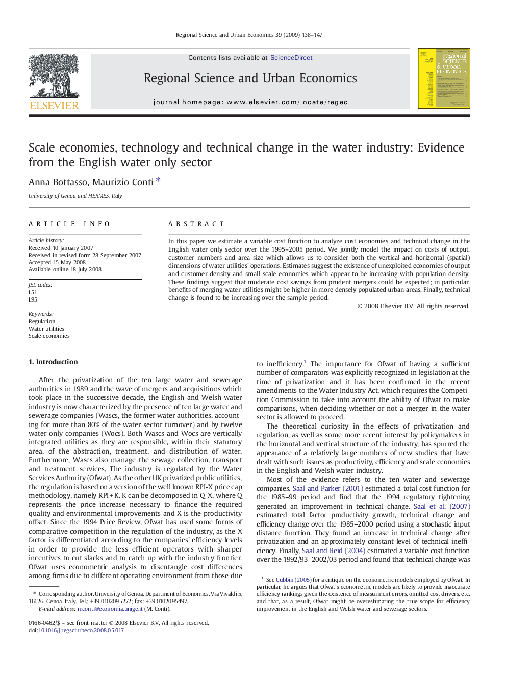 Scale economies, technology and technical change in the water industry: Evidence from the English water only sector