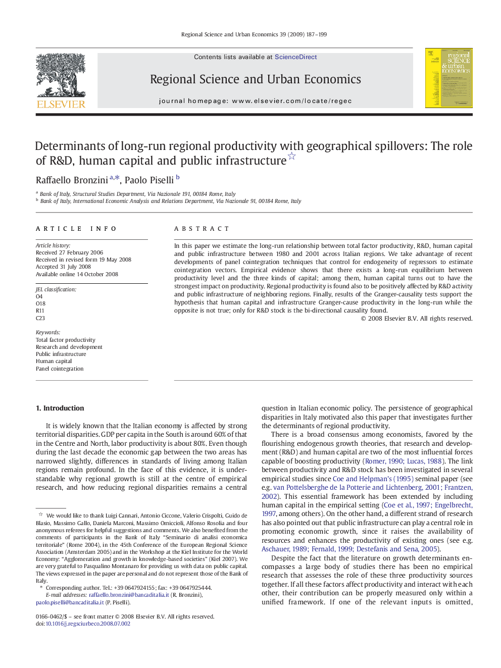 Determinants of long-run regional productivity with geographical spillovers: The role of R&D, human capital and public infrastructure 