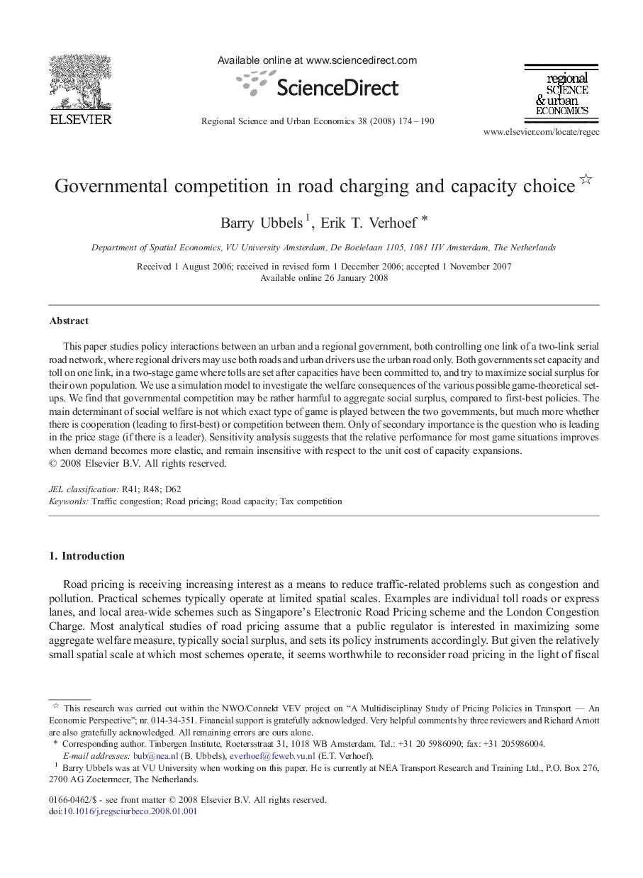 Governmental competition in road charging and capacity choice 