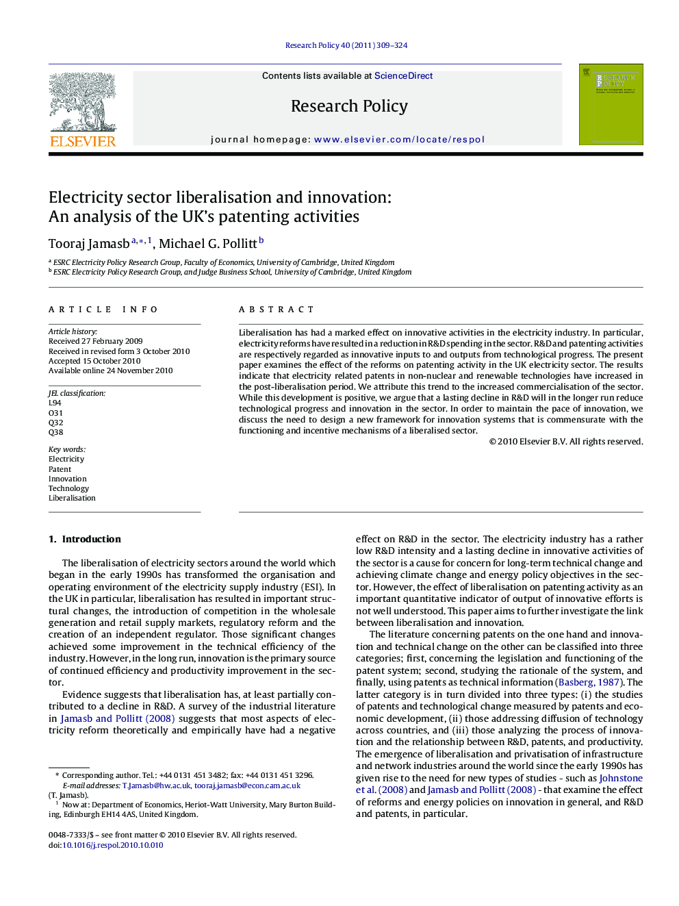 Electricity sector liberalisation and innovation: An analysis of the UK's patenting activities