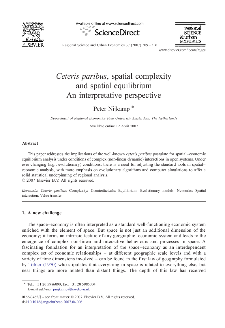 Ceteris paribus, spatial complexity and spatial equilibrium: An interpretative perspective