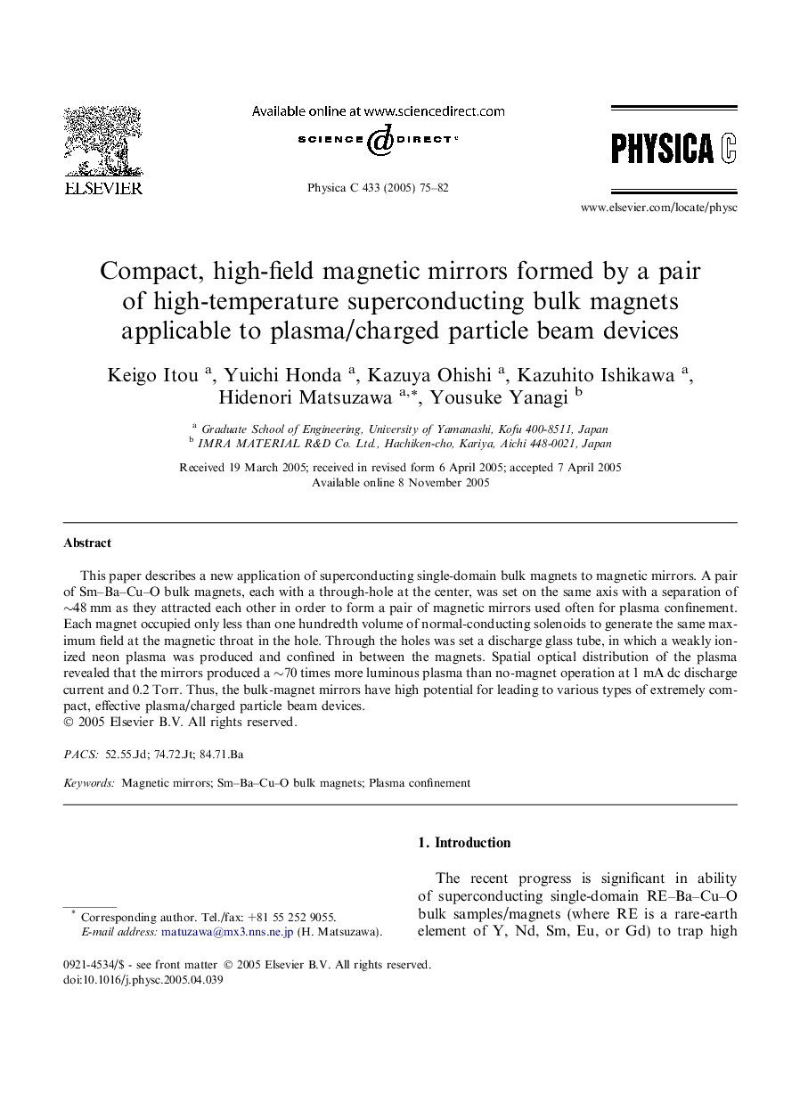 Compact, high-field magnetic mirrors formed by a pair of high-temperature superconducting bulk magnets applicable to plasma/charged particle beam devices