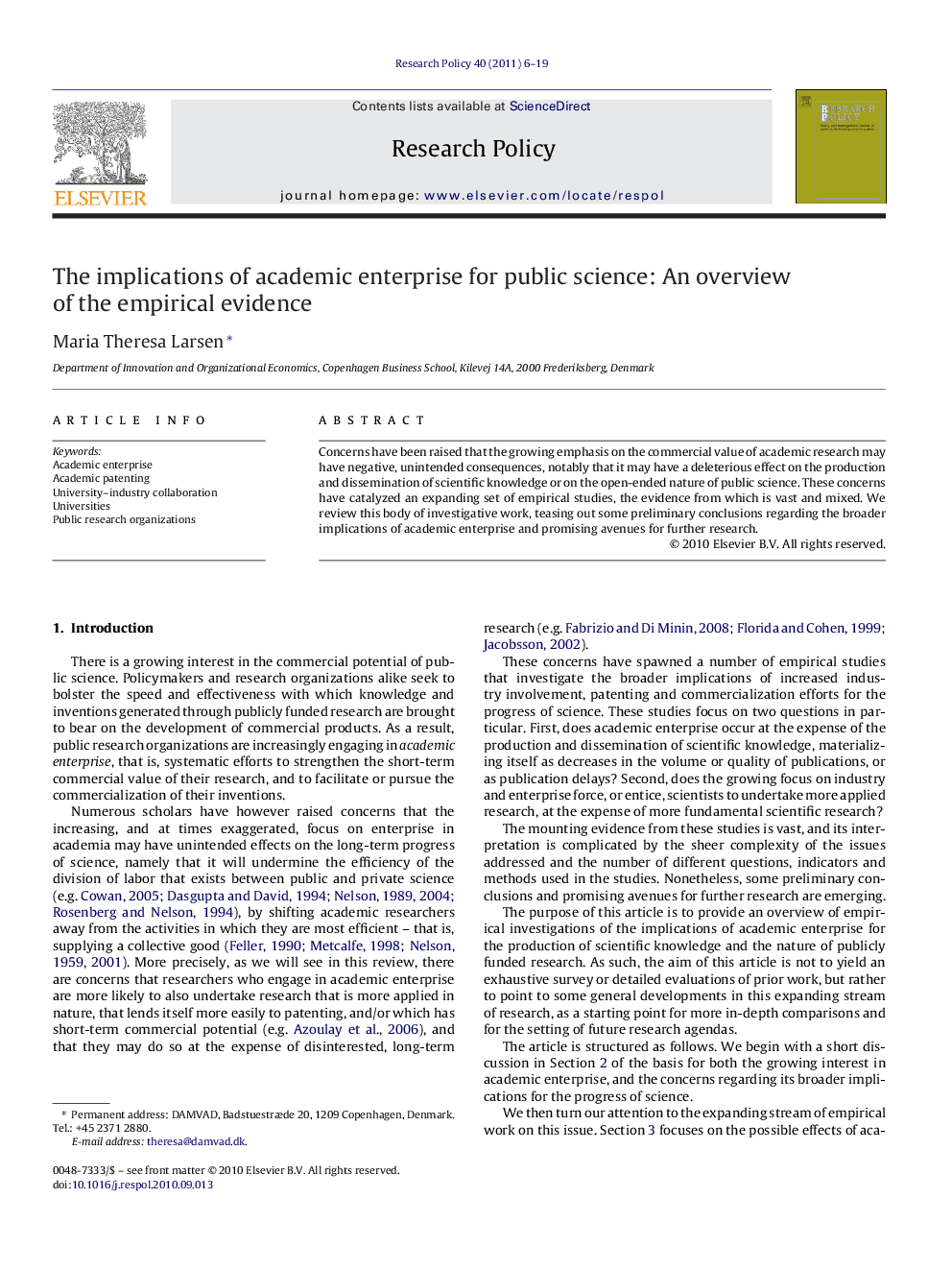 The implications of academic enterprise for public science: An overview of the empirical evidence