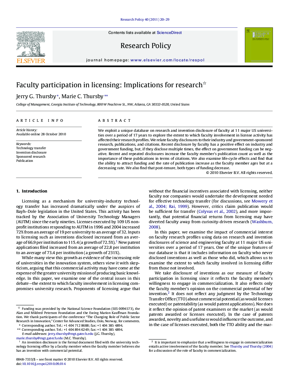 Faculty participation in licensing: Implications for research 