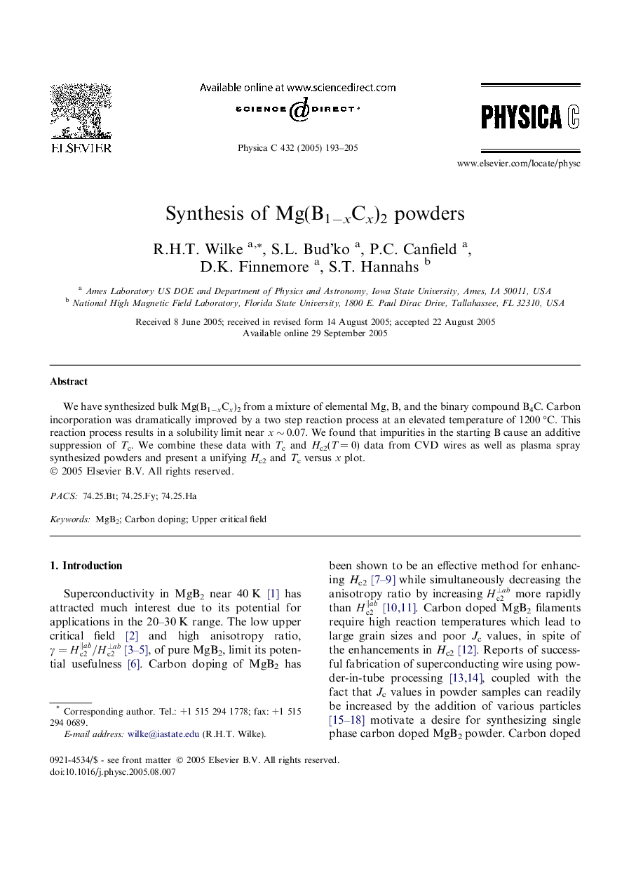 Synthesis of Mg(B1âxCx)2 powders