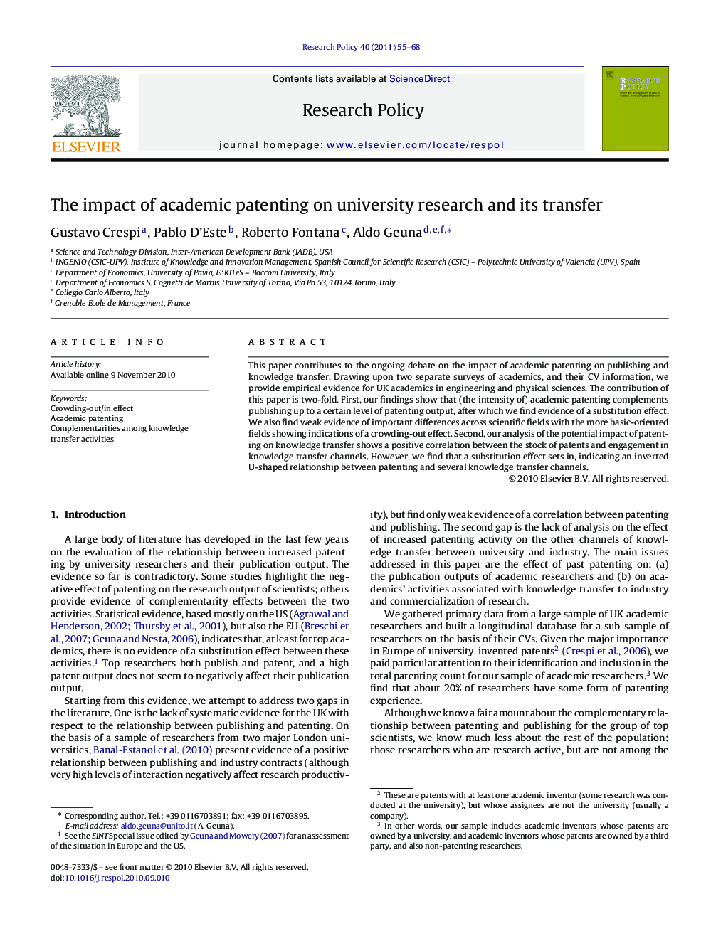 The impact of academic patenting on university research and its transfer