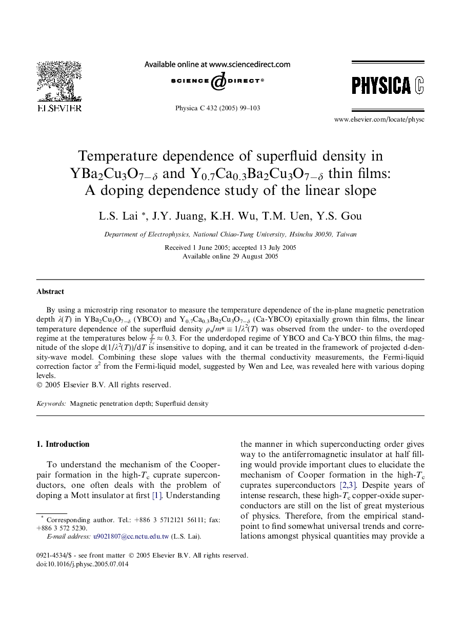 Temperature dependence of superfluid density in YBa2Cu3O7âÎ´ and Y0.7Ca0.3Ba2Cu3O7âÎ´ thin films: A doping dependence study of the linear slope