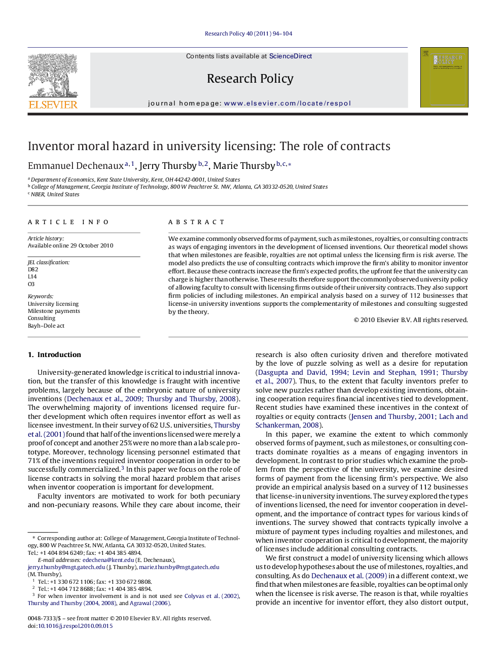 Inventor moral hazard in university licensing: The role of contracts