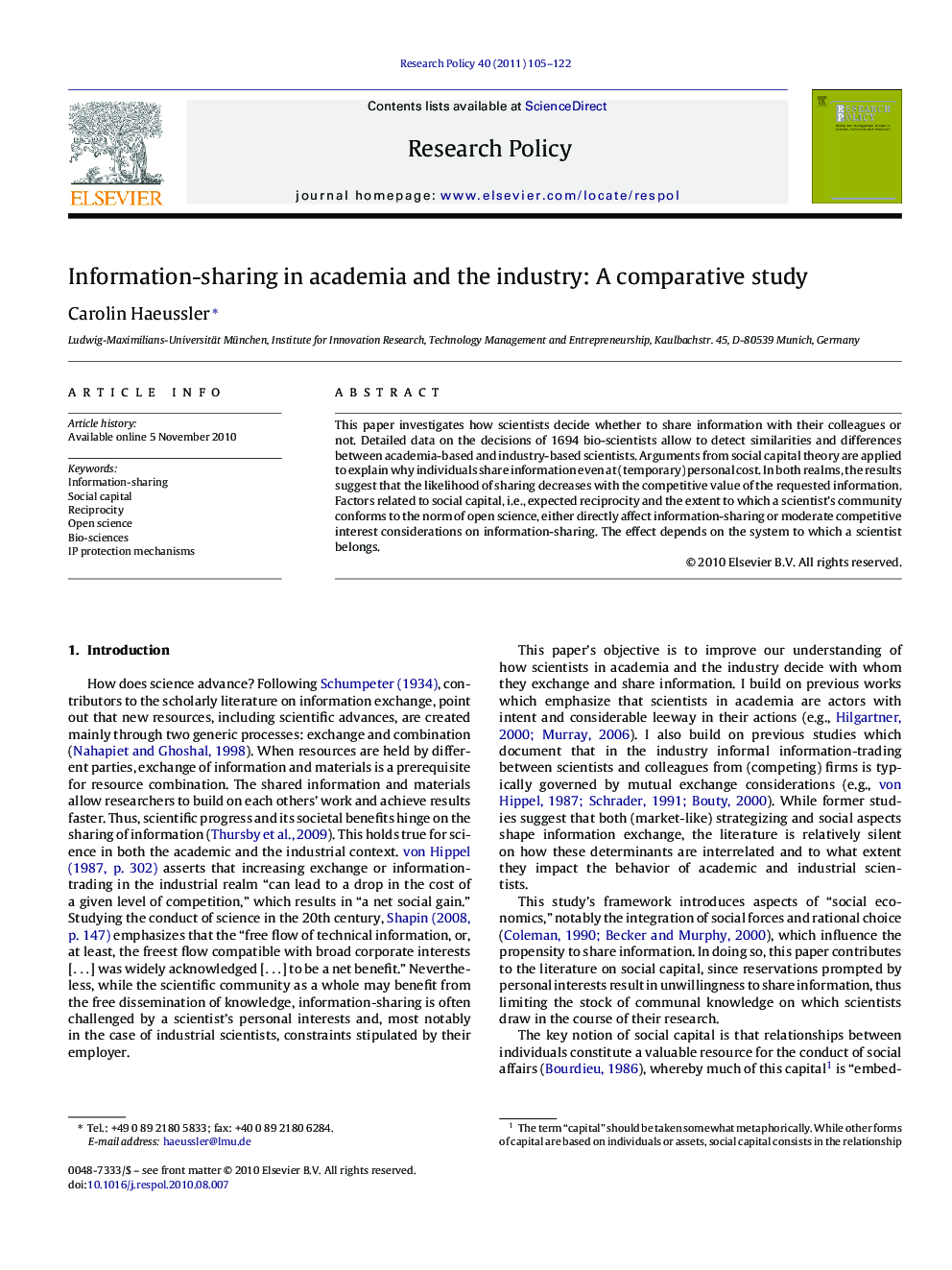Information-sharing in academia and the industry: A comparative study