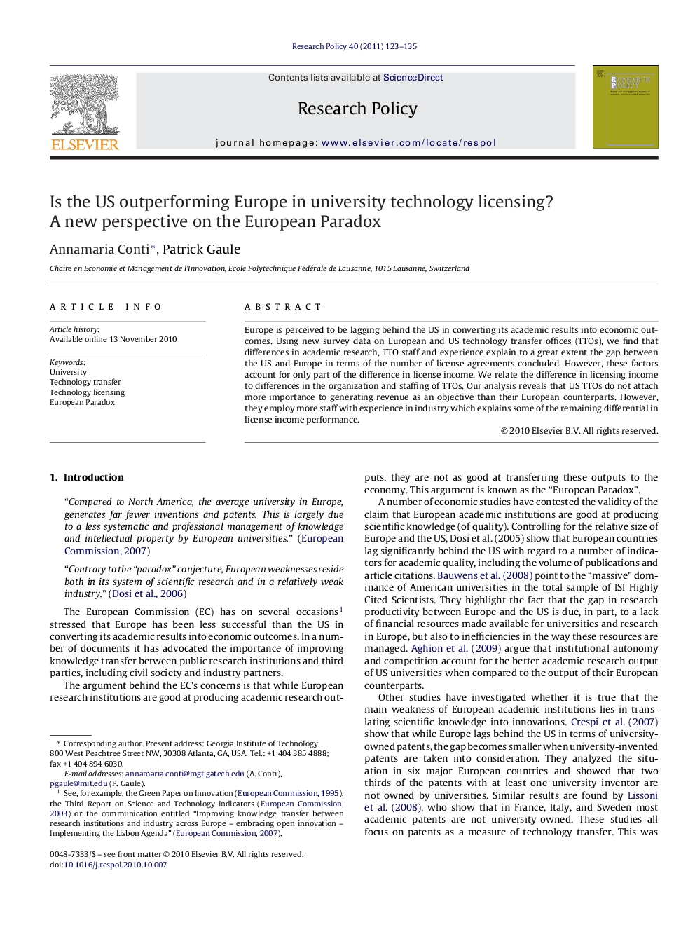 Is the US outperforming Europe in university technology licensing? A new perspective on the European Paradox