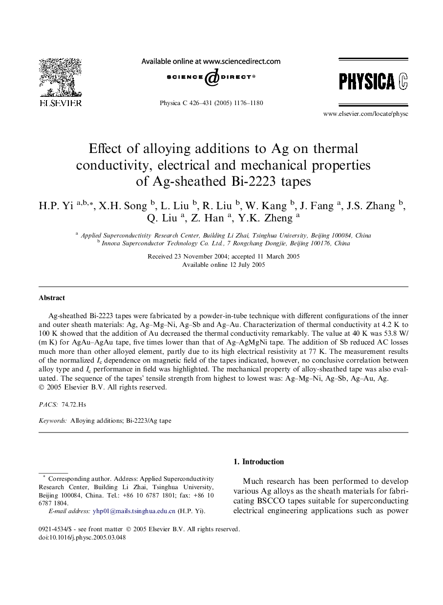 Effect of alloying additions to Ag on thermal conductivity, electrical and mechanical properties of Ag-sheathed Bi-2223 tapes