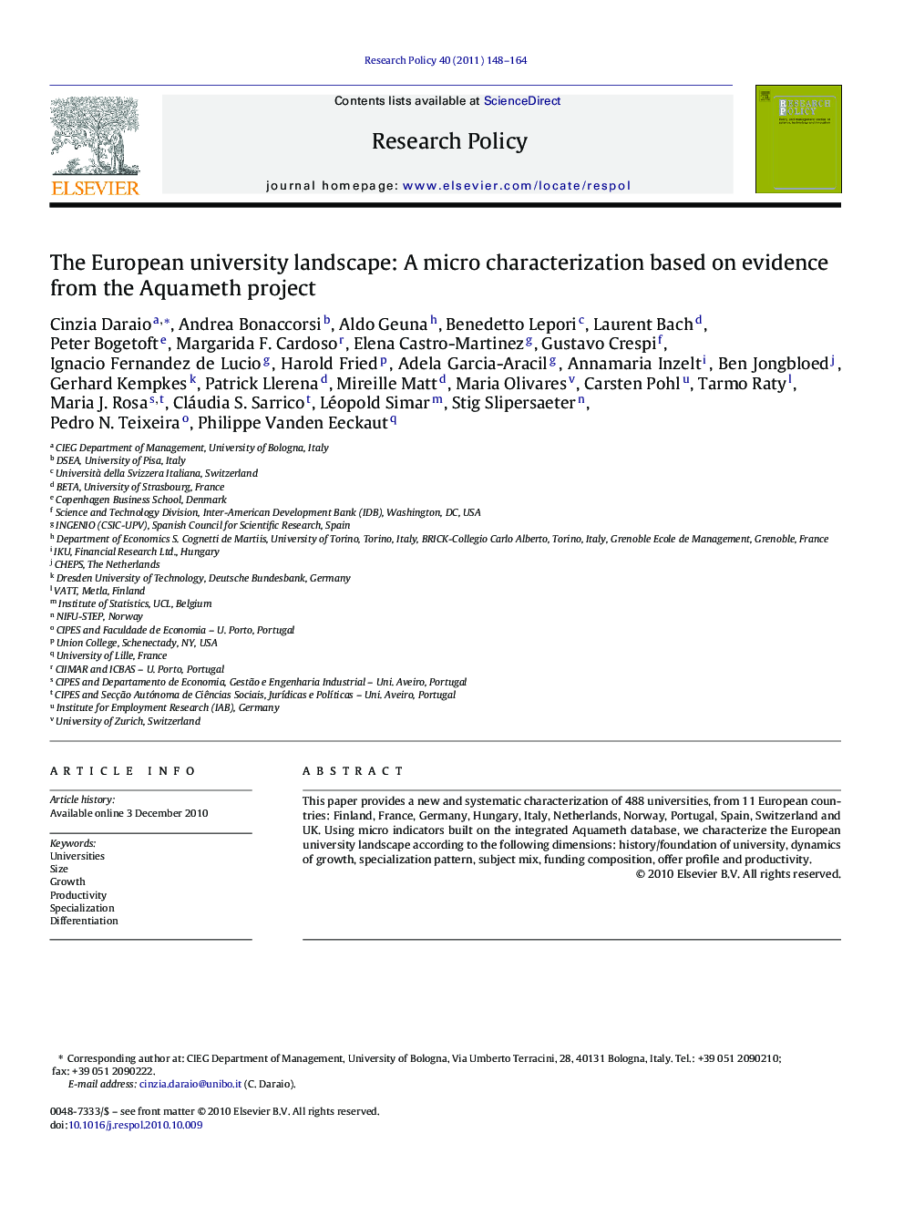 The European university landscape: A micro characterization based on evidence from the Aquameth project