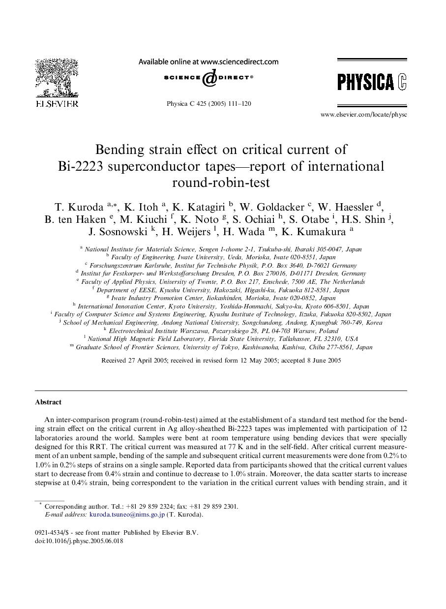 Bending strain effect on critical current of Bi-2223 superconductor tapes-report of international round-robin-test