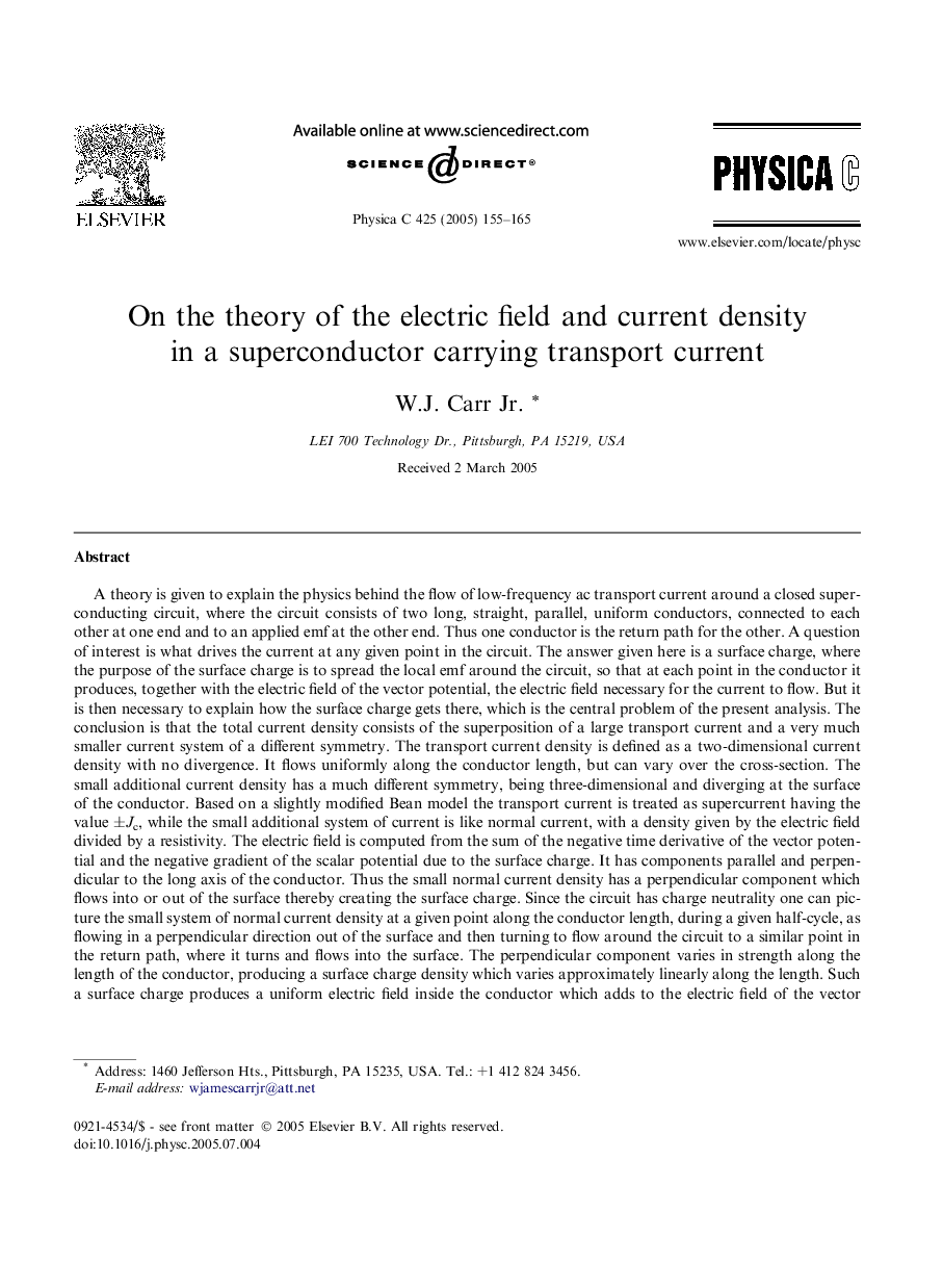 On the theory of the electric field and current density in a superconductor carrying transport current