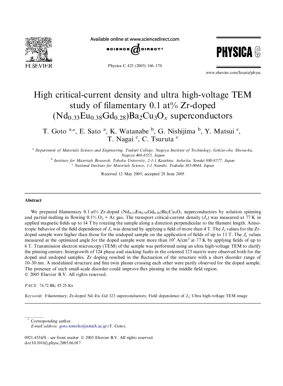 High critical-current density and ultra high-voltage TEM study of filamentary 0.1Â at% Zr-doped (Nd0.33Eu0.38Gd0.28)Ba2Cu3Ox superconductors