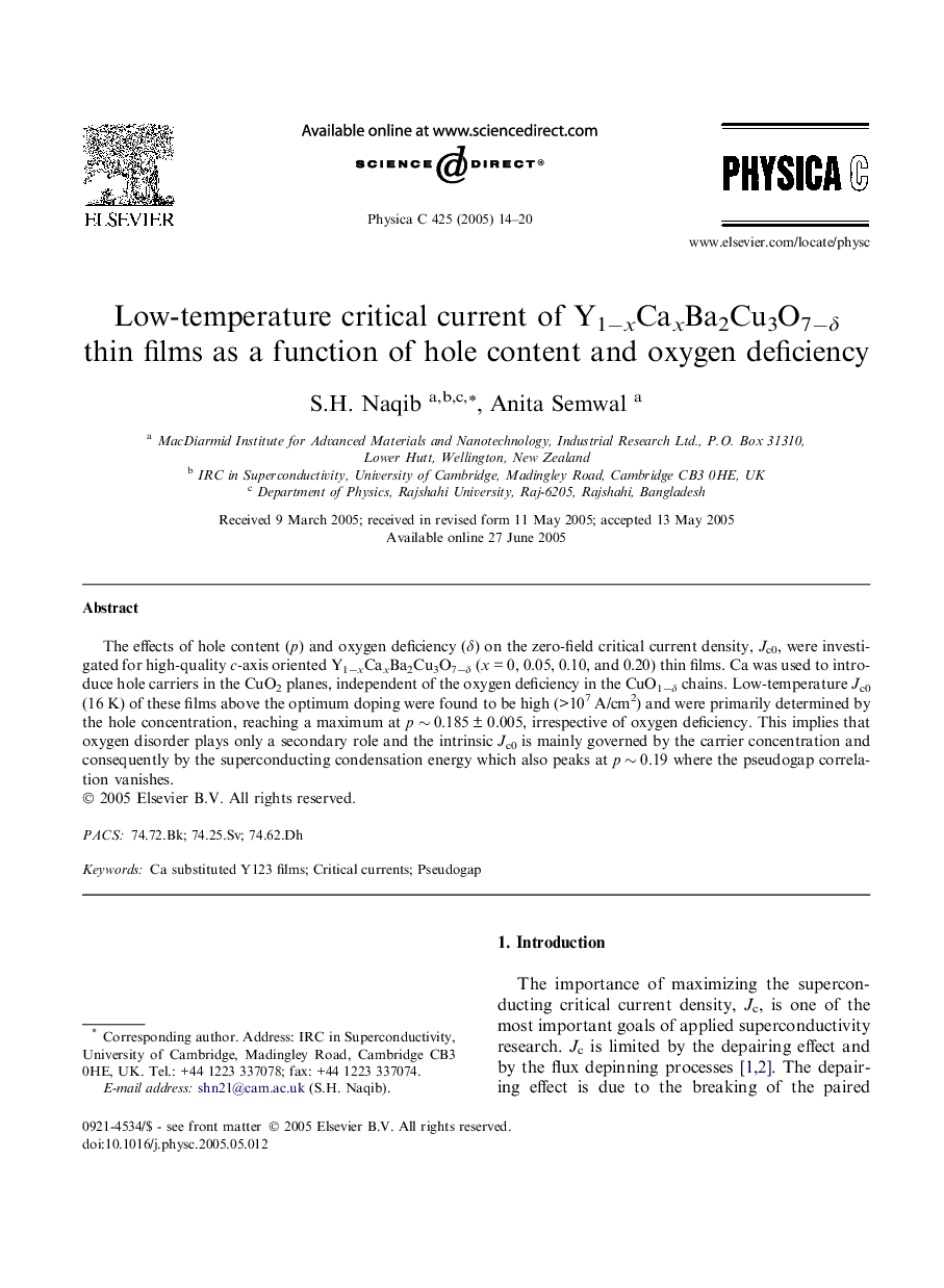 Low-temperature critical current of Y1âxCaxBa2Cu3O7âÎ´ thin films as a function of hole content and oxygen deficiency