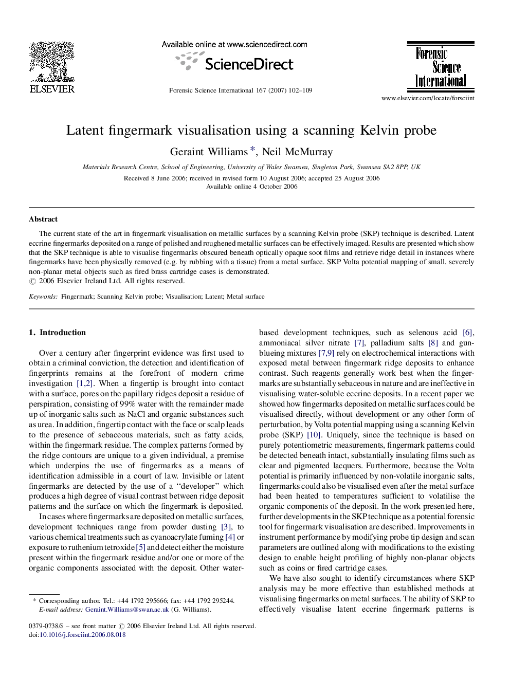 Latent fingermark visualisation using a scanning Kelvin probe