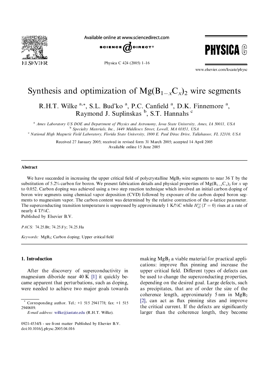 Synthesis and optimization of Mg(B1âxCx)2 wire segments