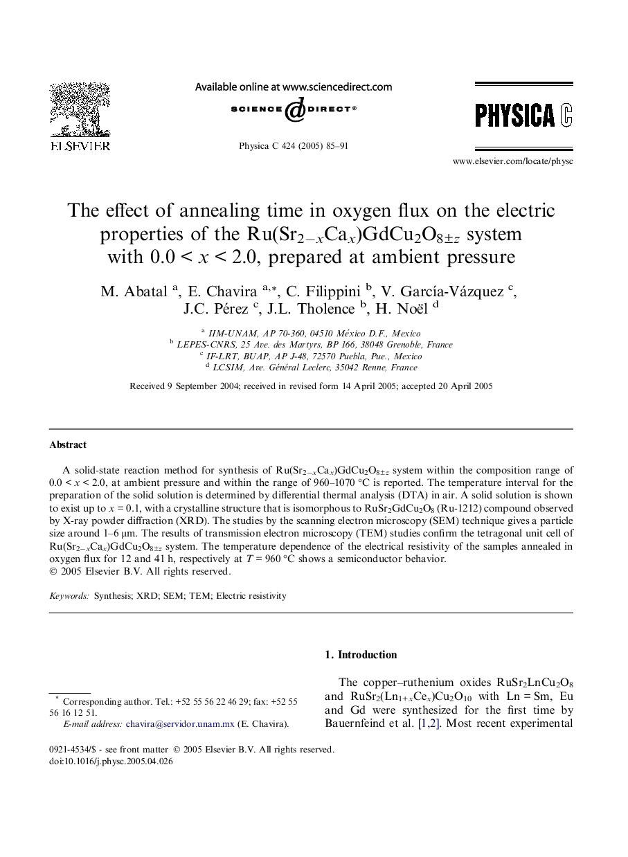 The effect of annealing time in oxygen flux on the electric properties of the Ru(Sr2âxCax)GdCu2O8Â±z system with 0.0Â <Â xÂ <Â 2.0, prepared at ambient pressure