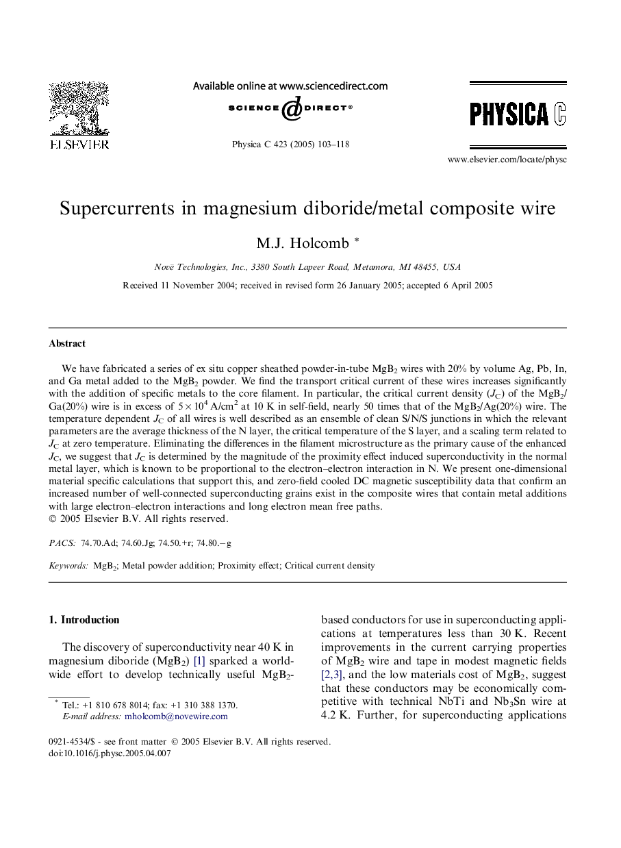 Supercurrents in magnesium diboride/metal composite wire