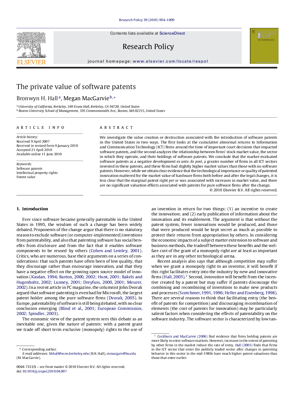 The private value of software patents