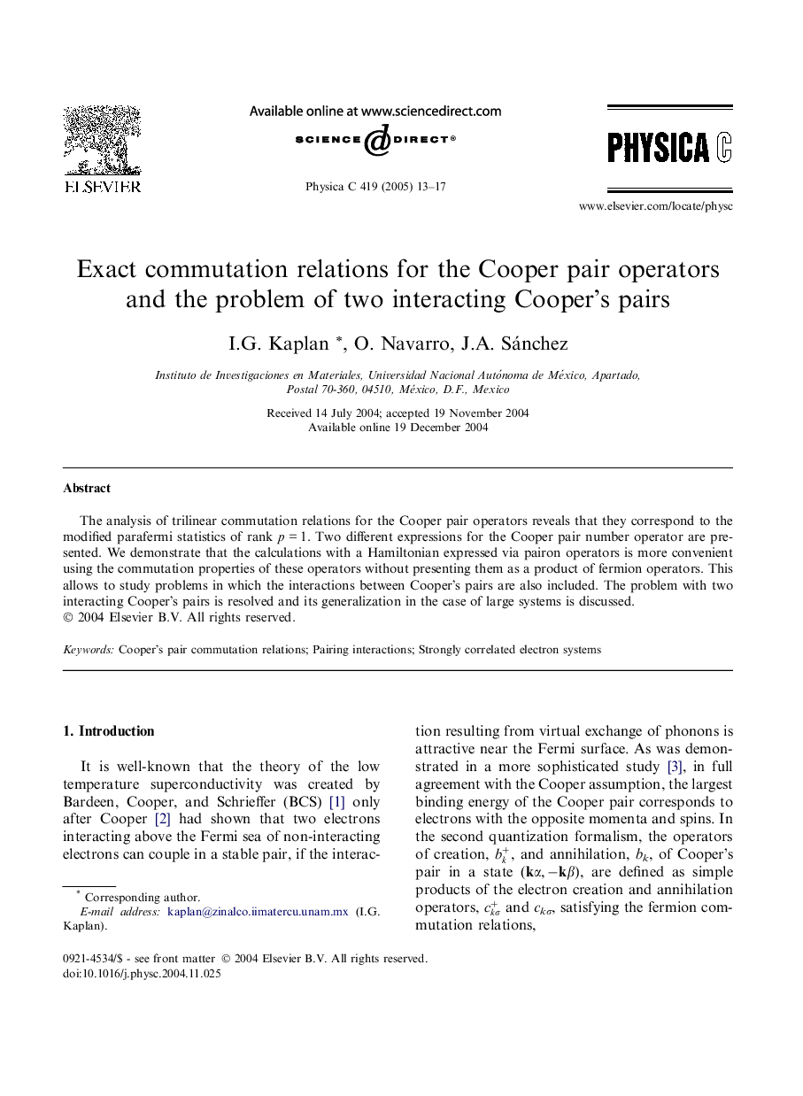 Exact commutation relations for the Cooper pair operators and the problem of two interacting Cooper's pairs