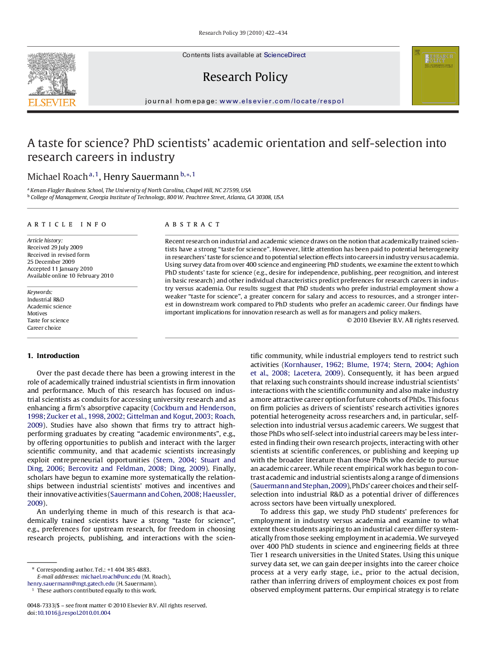 A taste for science? PhD scientists’ academic orientation and self-selection into research careers in industry