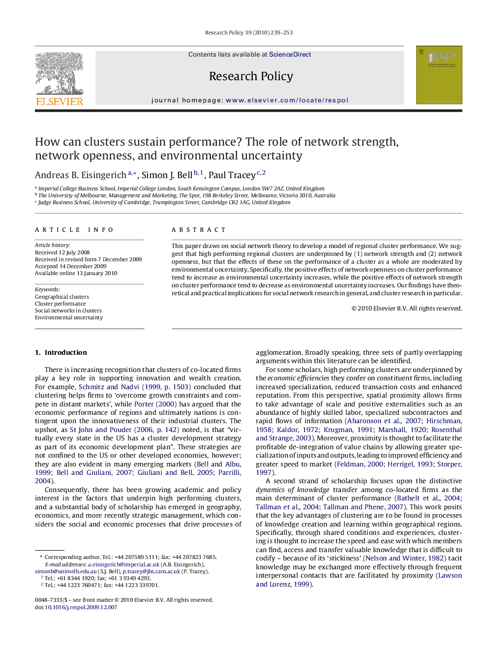 How can clusters sustain performance? The role of network strength, network openness, and environmental uncertainty