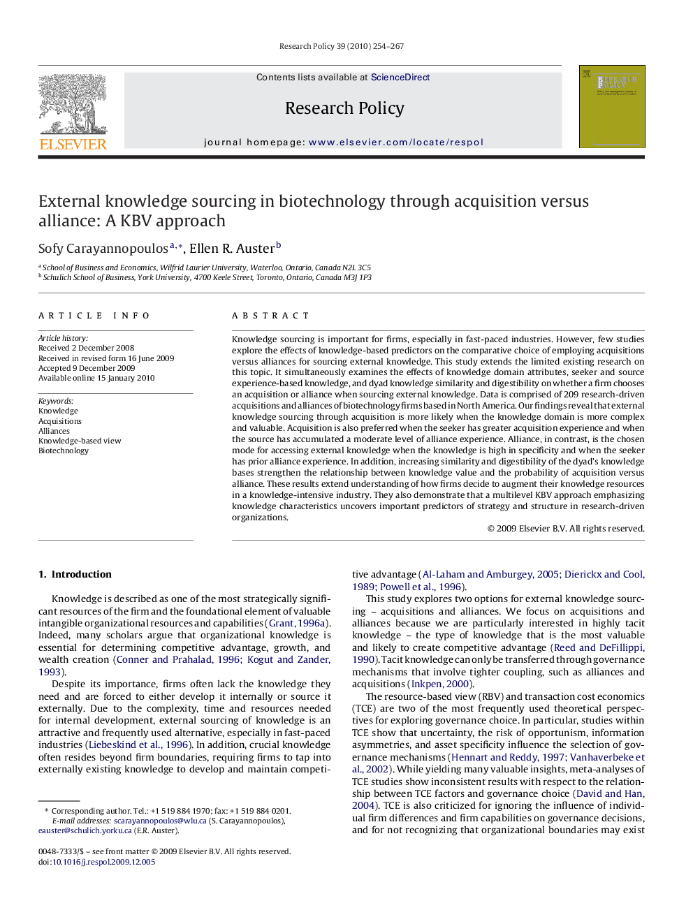 External knowledge sourcing in biotechnology through acquisition versus alliance: A KBV approach