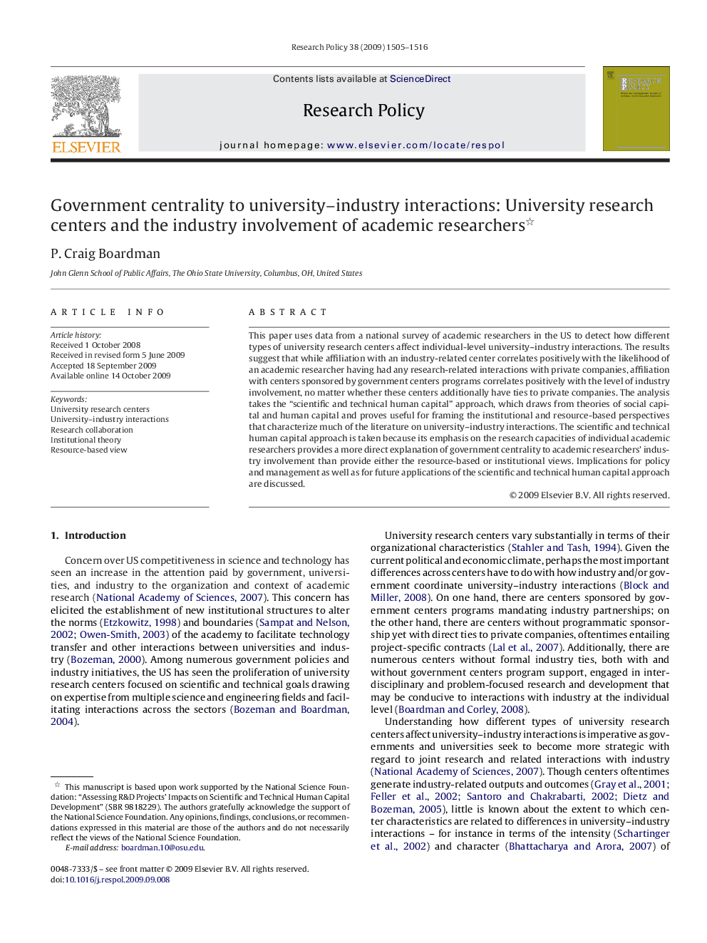 Government centrality to university–industry interactions: University research centers and the industry involvement of academic researchers 