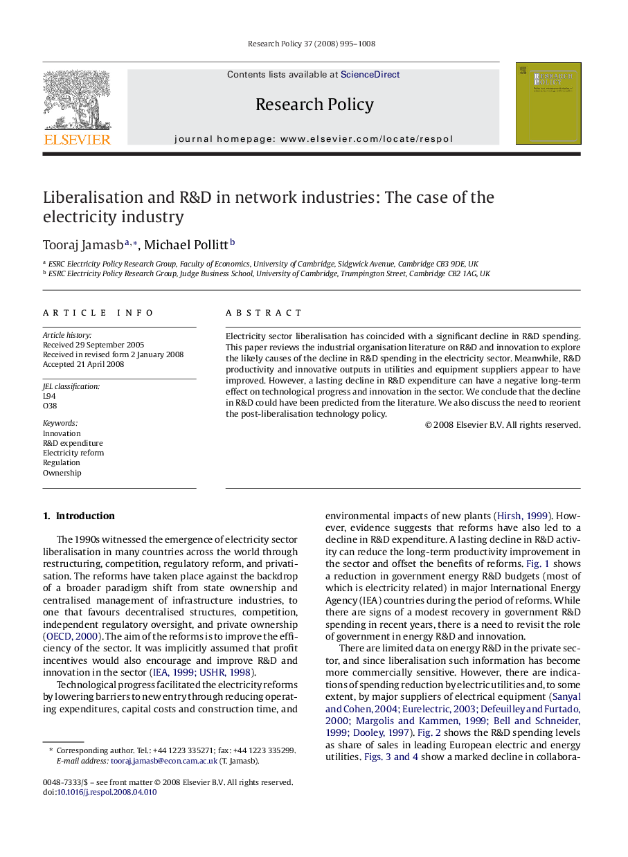 Liberalisation and R&D in network industries: The case of the electricity industry