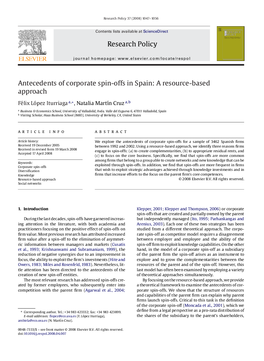 Antecedents of corporate spin-offs in Spain: A resource-based approach