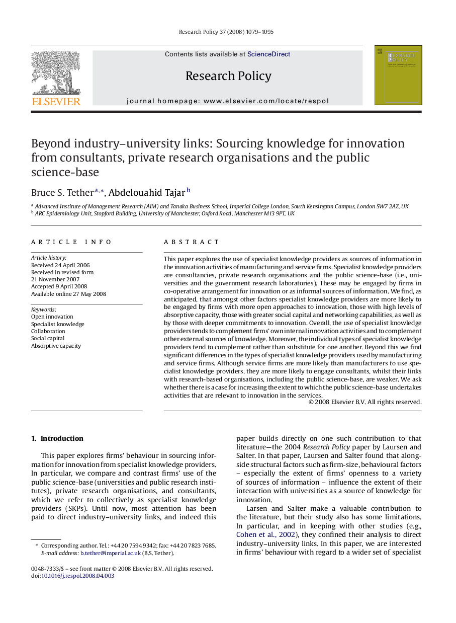 Beyond industry–university links: Sourcing knowledge for innovation from consultants, private research organisations and the public science-base