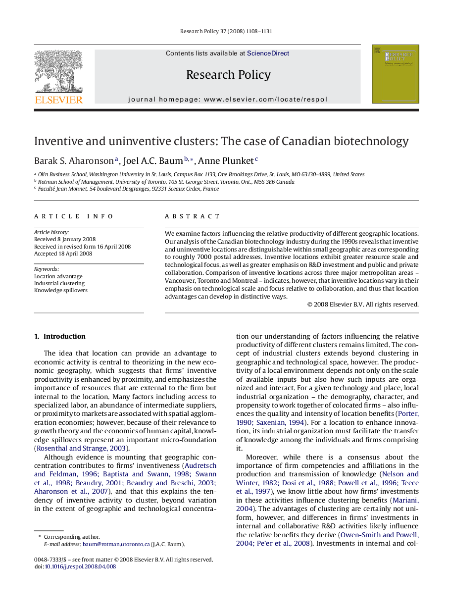 Inventive and uninventive clusters: The case of Canadian biotechnology