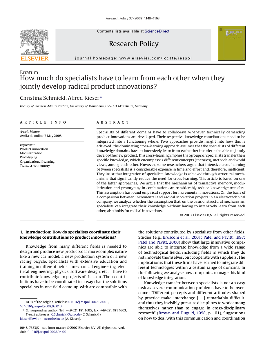 How much do specialists have to learn from each other when they jointly develop radical product innovations?