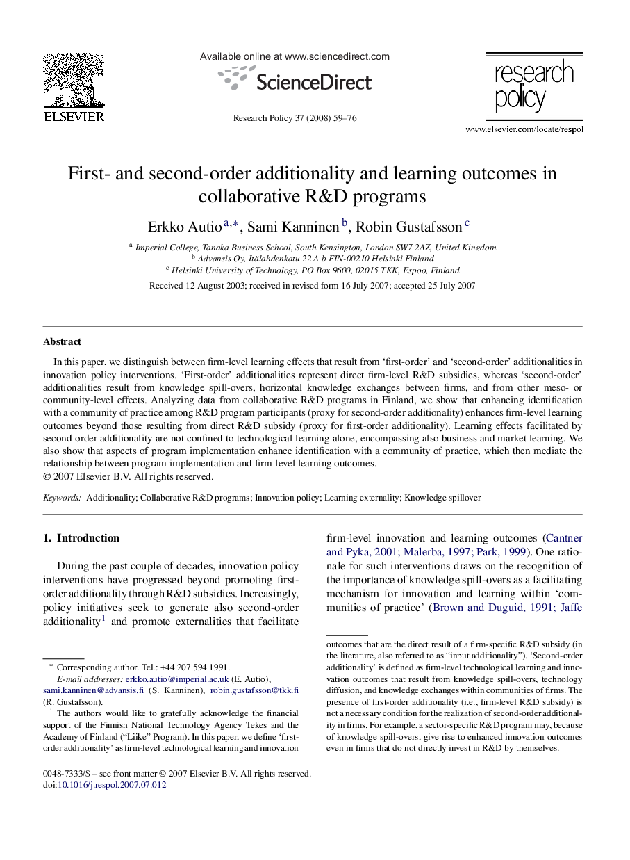 First- and second-order additionality and learning outcomes in collaborative R&D programs