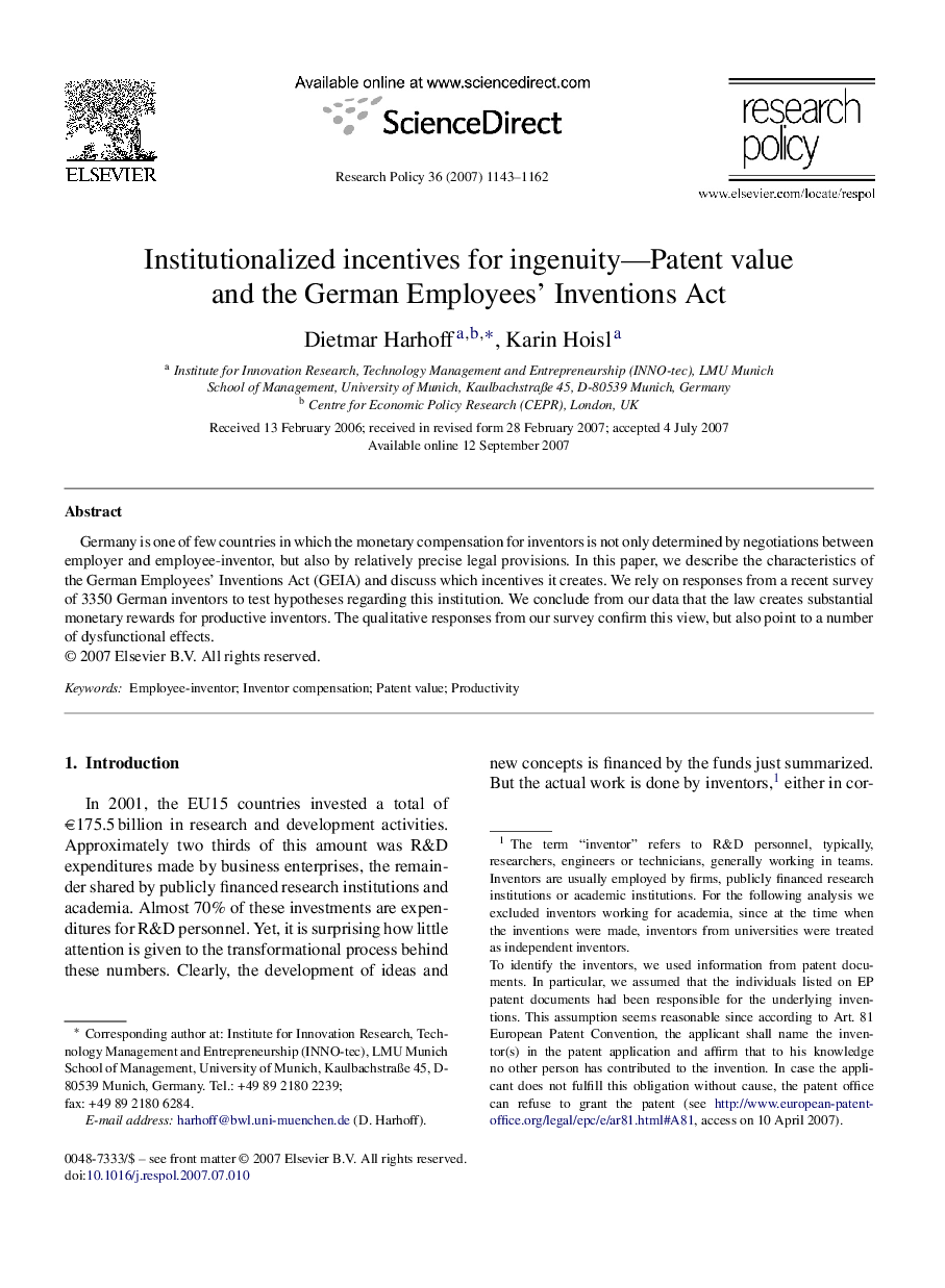 Institutionalized incentives for ingenuity—Patent value and the German Employees’ Inventions Act