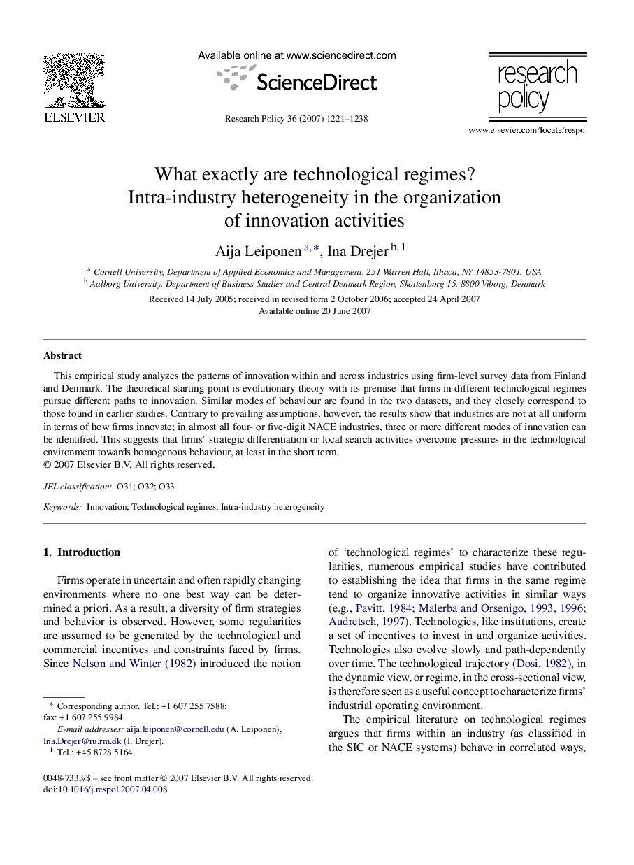 What exactly are technological regimes?: Intra-industry heterogeneity in the organization of innovation activities