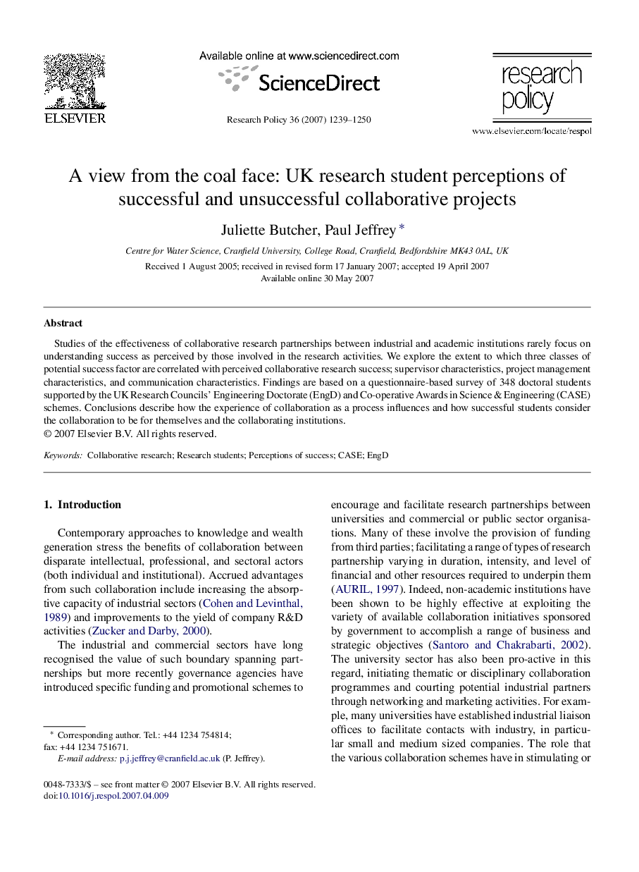 A view from the coal face: UK research student perceptions of successful and unsuccessful collaborative projects