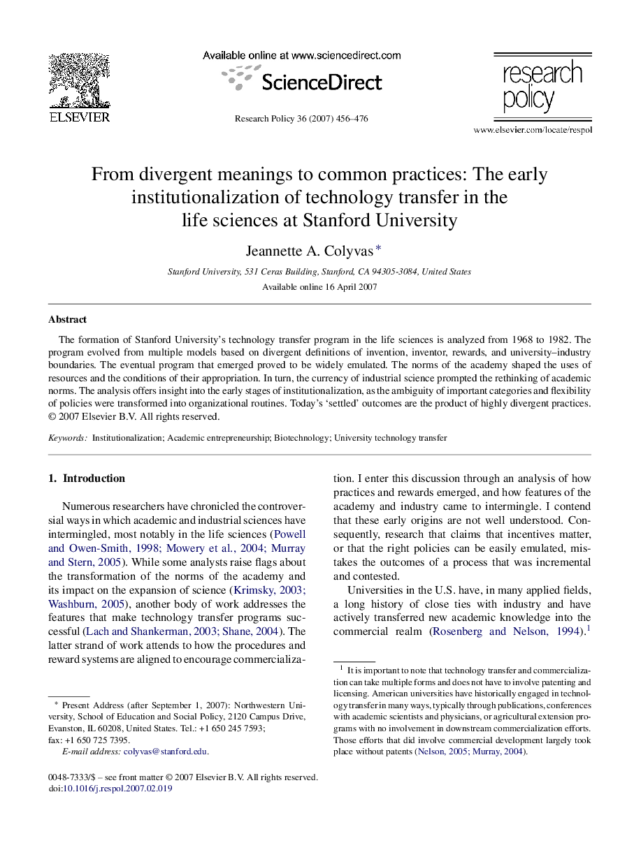 From divergent meanings to common practices: The early institutionalization of technology transfer in the life sciences at Stanford University