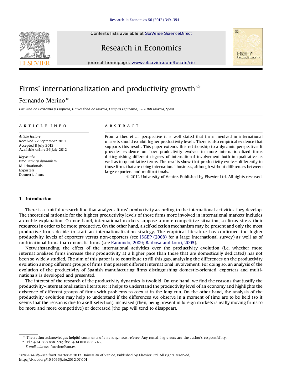 Firms' internationalization and productivity growth 