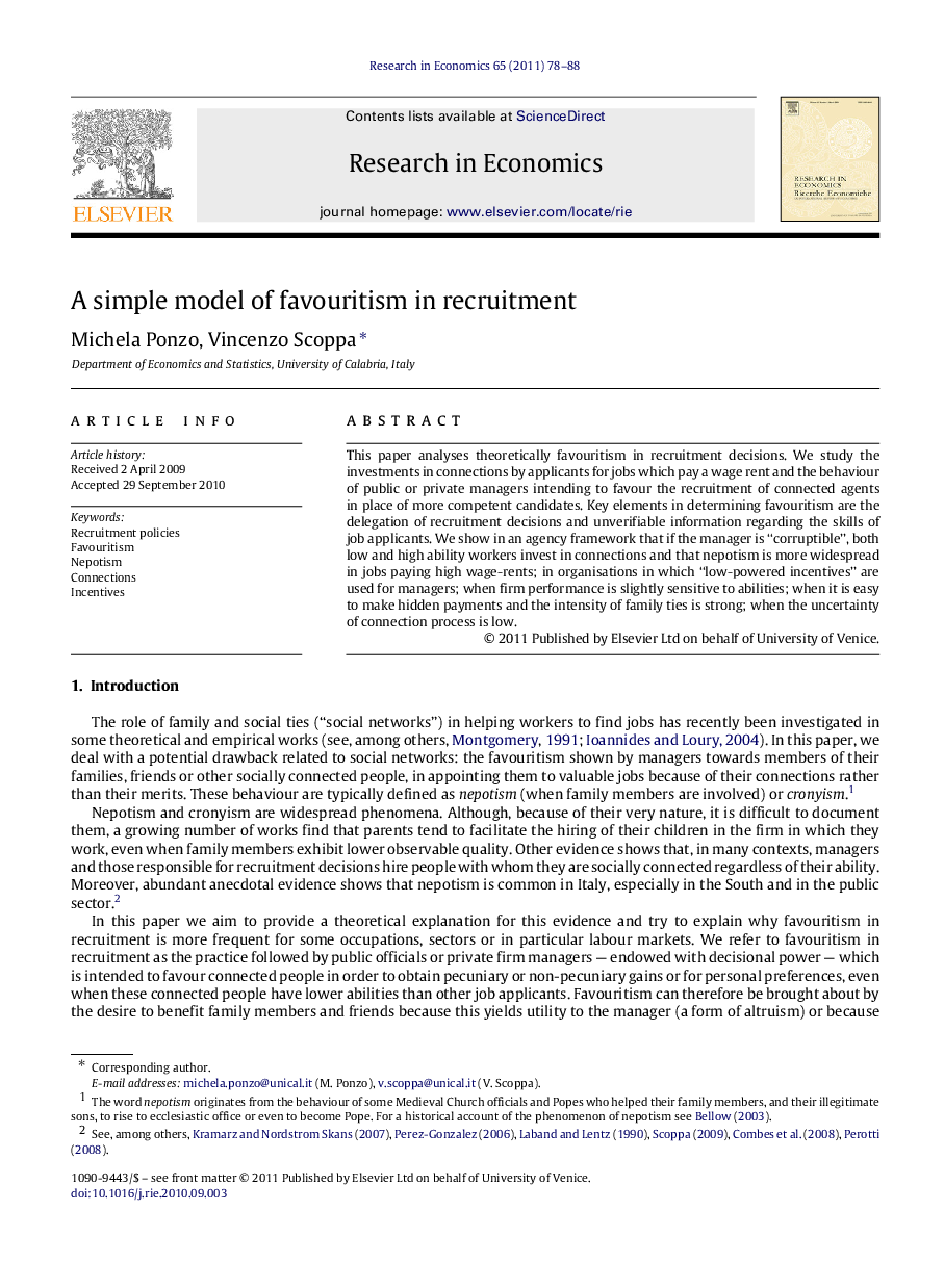 A simple model of favouritism in recruitment