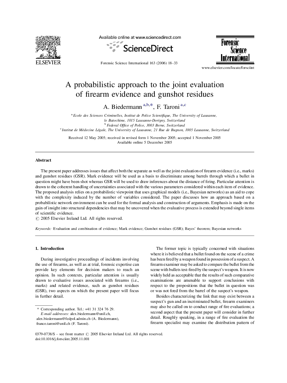 عکس صفحه اول مقاله: A probabilistic approach to the joint evaluation of firearm evidence and gunshot residues A probabilistic approach to the joint evaluation of firearm evidence and gunshot residues