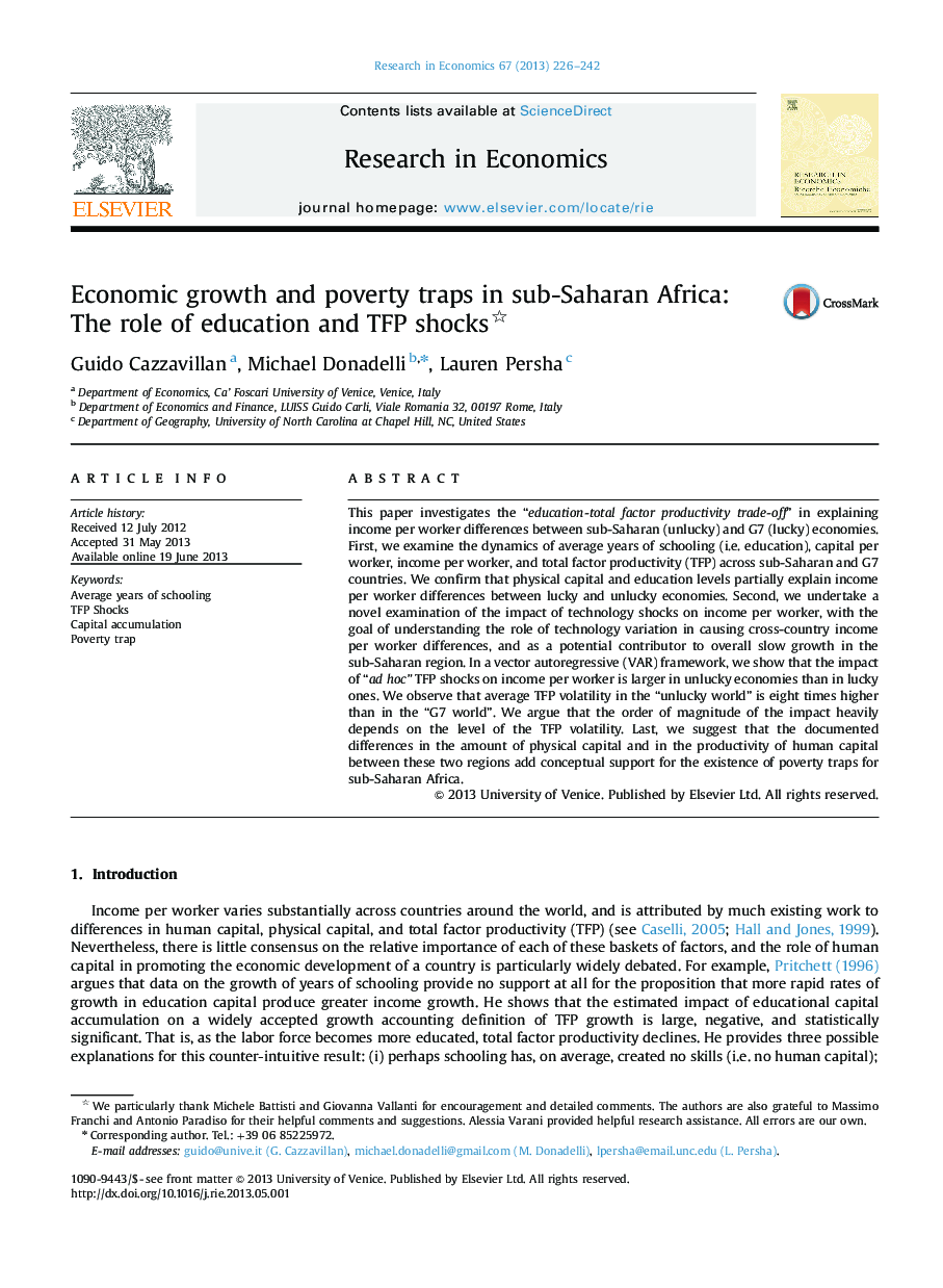 Economic growth and poverty traps in sub-Saharan Africa: The role of education and TFP shocks 