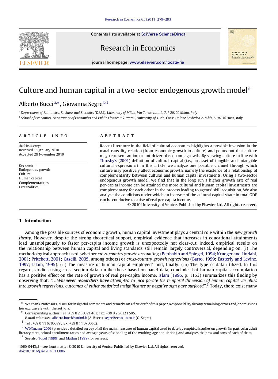 Culture and human capital in a two-sector endogenous growth model 