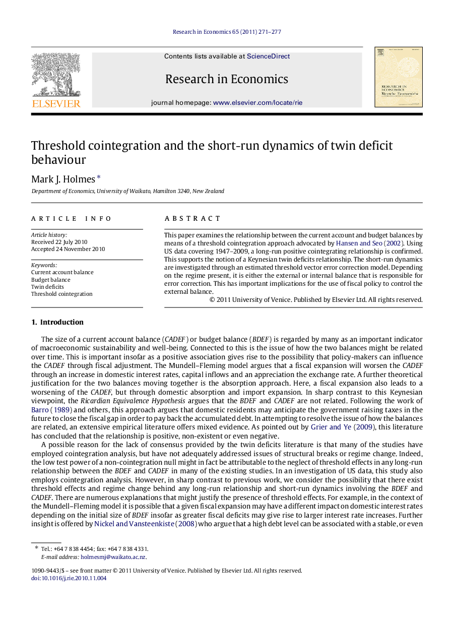 Threshold cointegration and the short-run dynamics of twin deficit behaviour