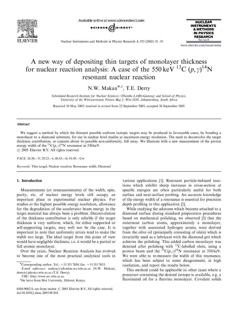 A new way of depositing thin targets of monolayer thickness for nuclear reaction analysis: A case of the 550Â keV 13C (p,Î³)14N resonant nuclear reaction