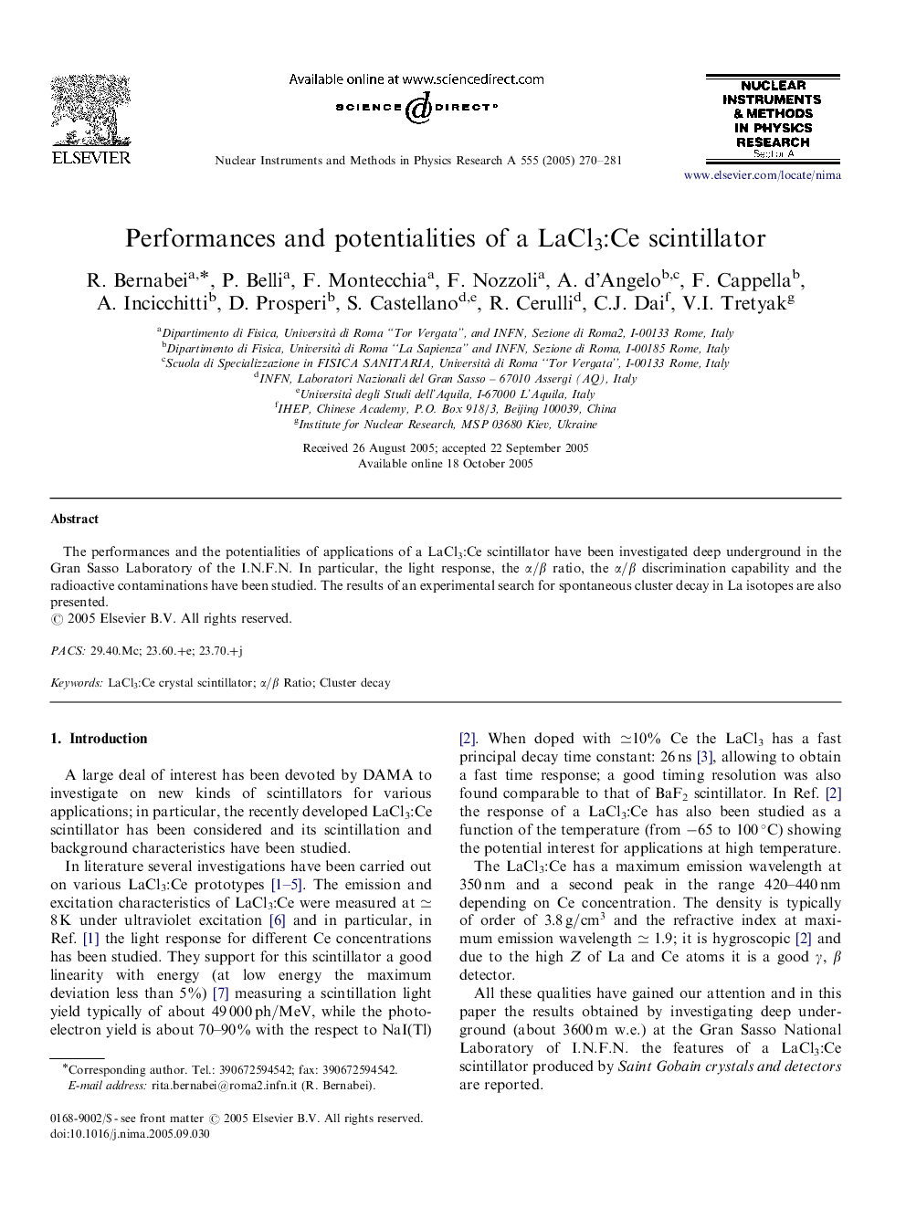 Performances and potentialities of a LaCl3:Ce scintillator